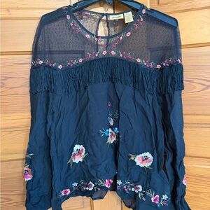 Wrangler Black Sheer Yoke Fringe Floral Embroidered Blouse